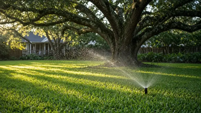 A spray head watering a patch of St. Augustine grass in dappled shade beneath a large live oak