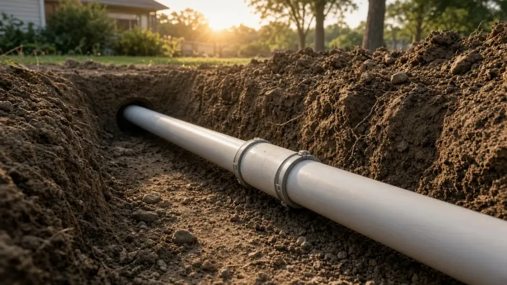 A slip-fix telescoping repair coupling installed on a PVC pipe in an excavated hole