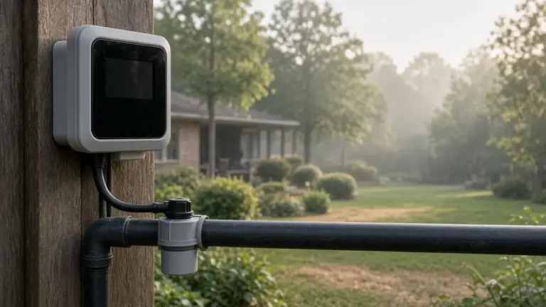 A smart controller mounted next to an inline flow sensor fitting on an irrigation mainline