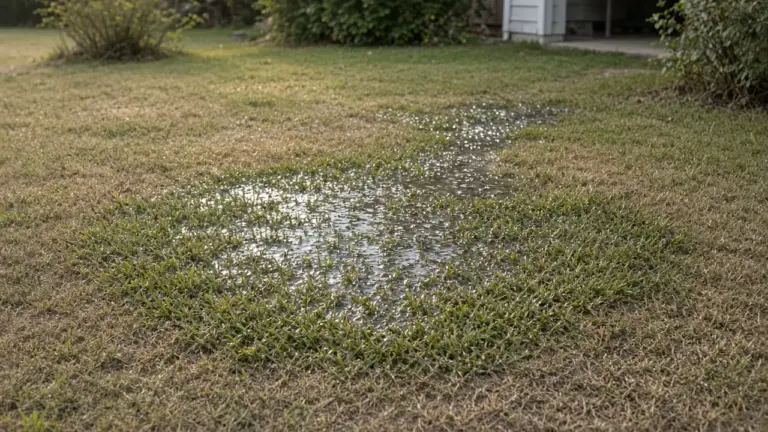 A stubborn dark soggy patch of lawn with water glistening in the grass while the surrounding turf is dry