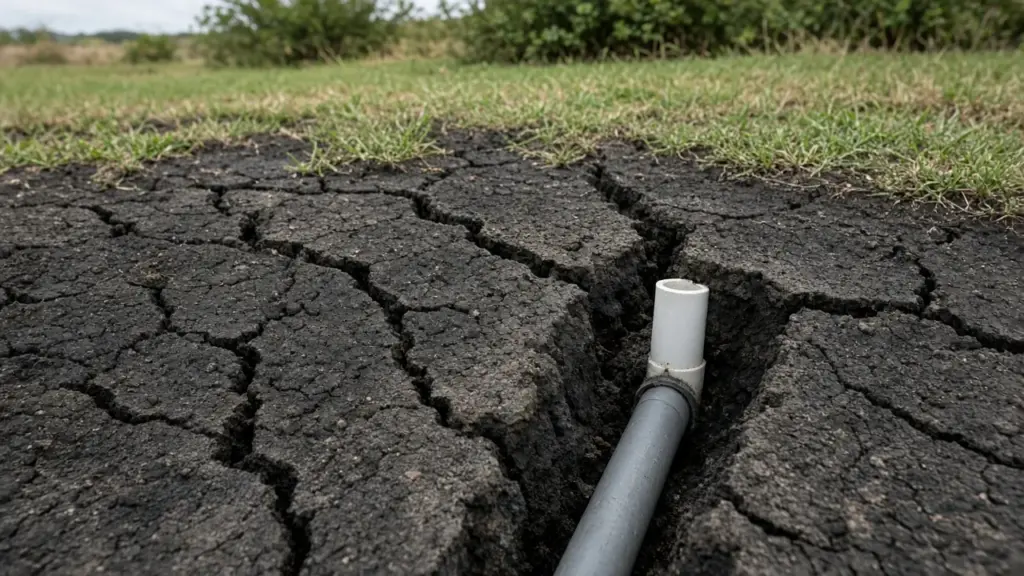 Wide deep cracks in dry black clay soil in a lawn with a sprinkler riser and pipe partly exposed in one crack