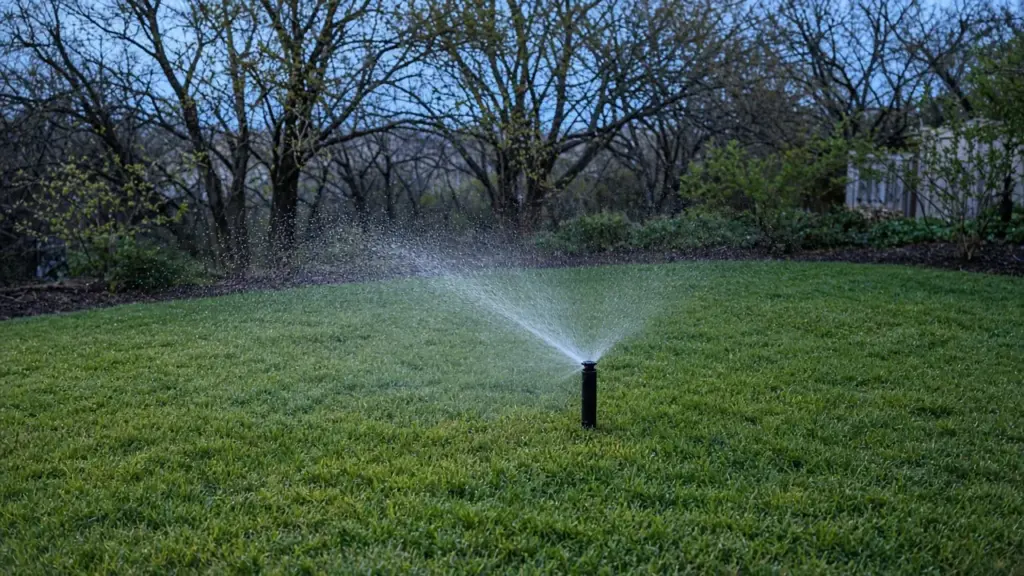 A pop-up spray head rising and spraying its first cycle of spring over a greening Bermuda lawn with budding trees behind