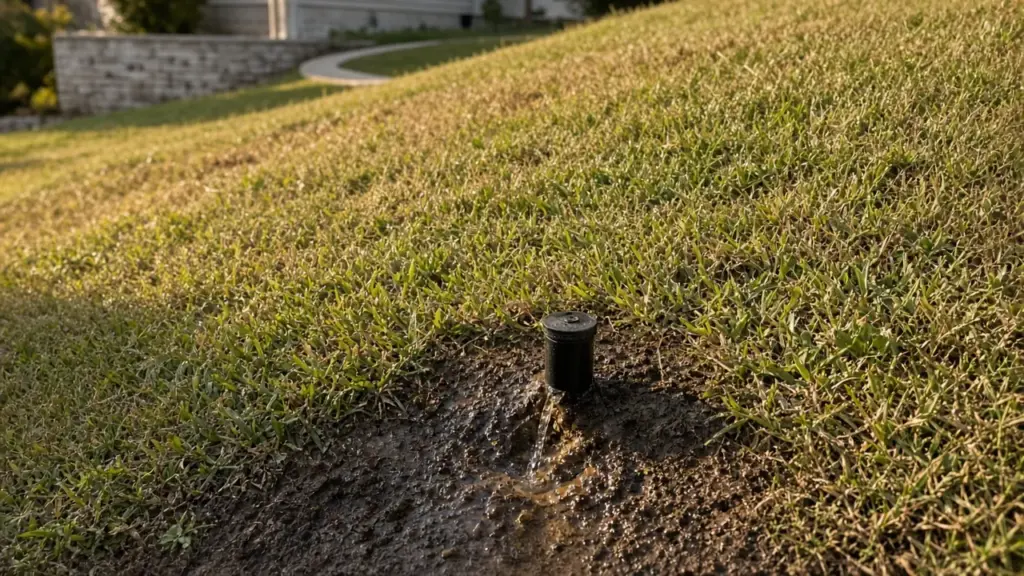 A sprinkler head at the bottom of a slope with water seeping out after the zone shut off