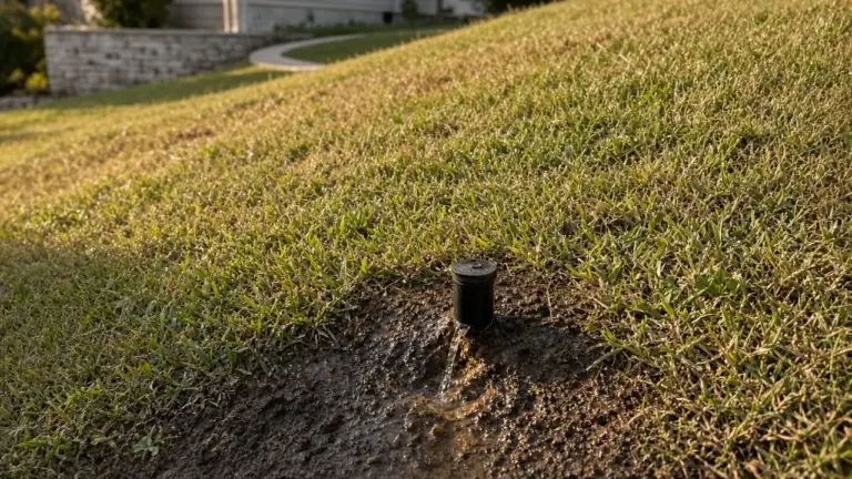 A sprinkler head at the bottom of a slope with water seeping out after the zone shut off