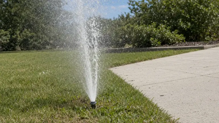 Broken sprinkler head geysering a tall column of water beside a driveway