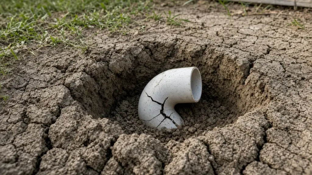 A cracked PVC elbow fitting exposed in a hole in shrinking clay soil