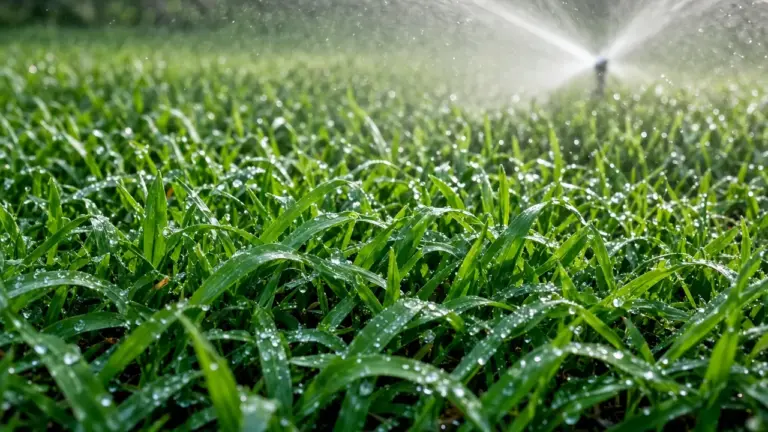 Close-up of water droplets on thick St. Augustine grass blades with a sprinkler behind
