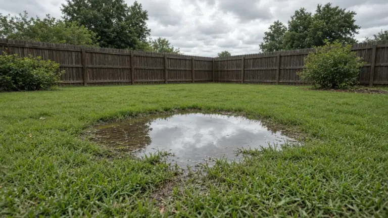 Standing water pooled in a low spot of a back yard lawn