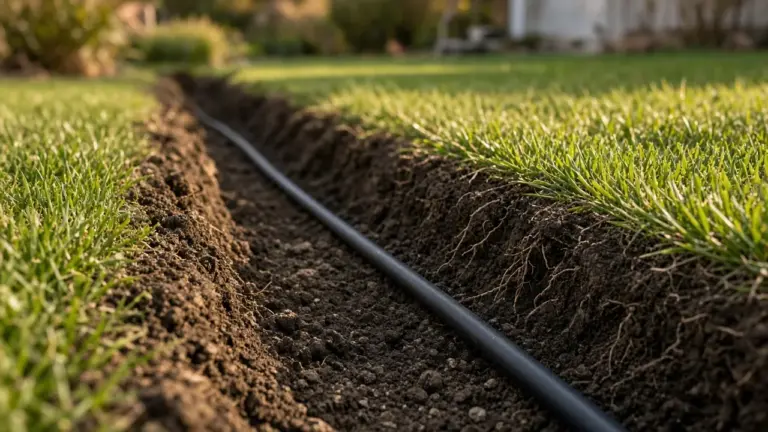 Subsurface drip tubing being laid in a shallow trench in a narrow turf strip