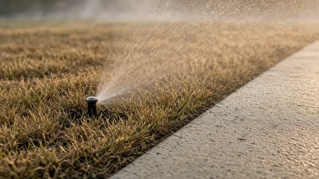 A tan heat-stressed Bermuda lawn beside a hot concrete sidewalk with a sprinkler watering at dawn