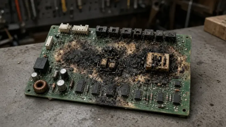 A scorched irrigation controller circuit board after a lightning strike, on a workbench