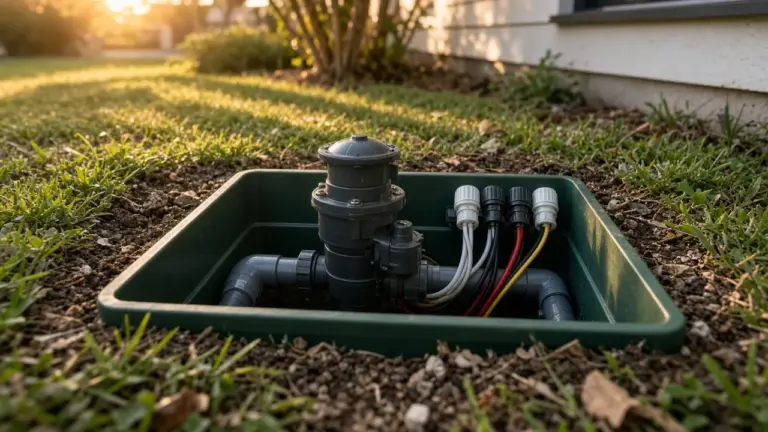 An open irrigation valve box with a new diaphragm valve and neatly sealed waterproof wire connectors