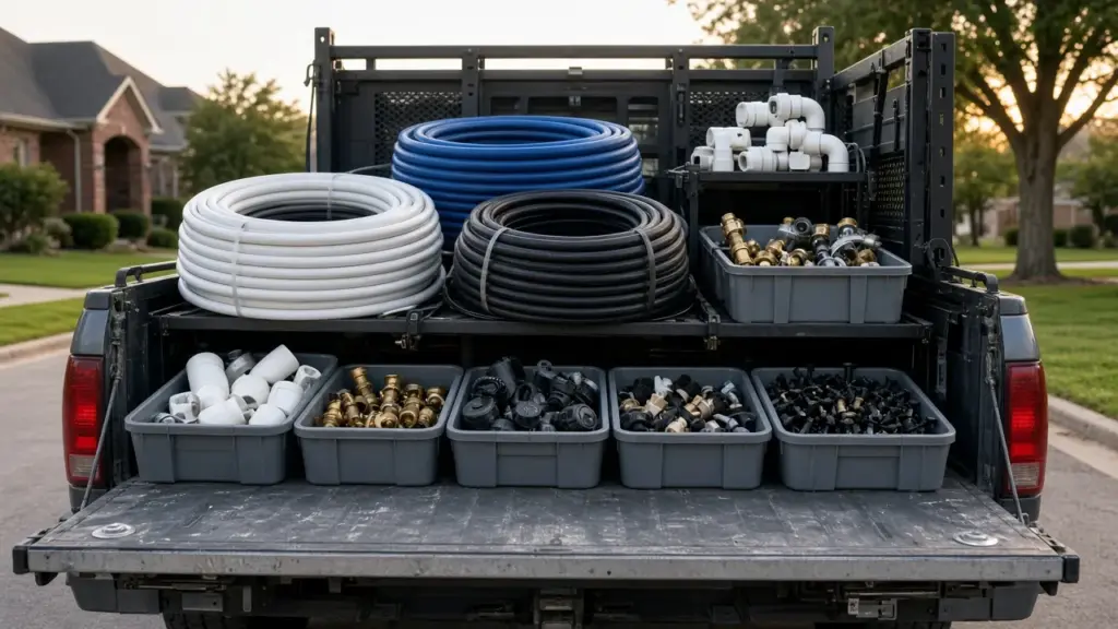 A neatly organized irrigation service truck tailgate with coils of tubing, valve parts, and sprinkler heads in bins