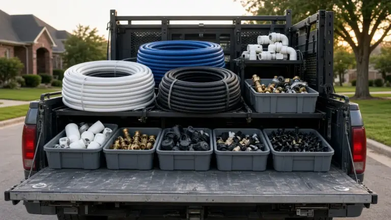 A neatly organized irrigation service truck tailgate with coils of tubing, valve parts, and sprinkler heads in bins
