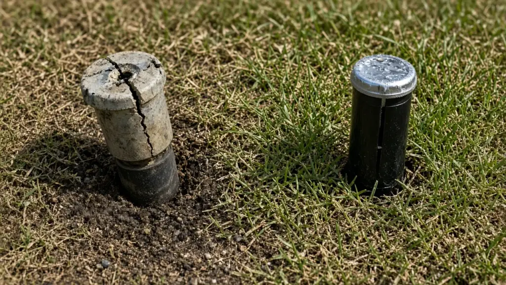 Worn, cracked old sprinkler head next to a new pop-up head in a dry lawn