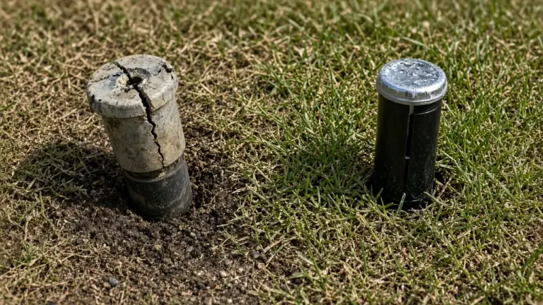 Worn, cracked old sprinkler head next to a new pop-up head in a dry lawn
