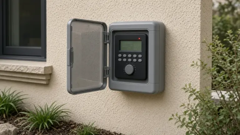 A gray outdoor irrigation timer with its cover open on a stucco wall, a blinking display visible