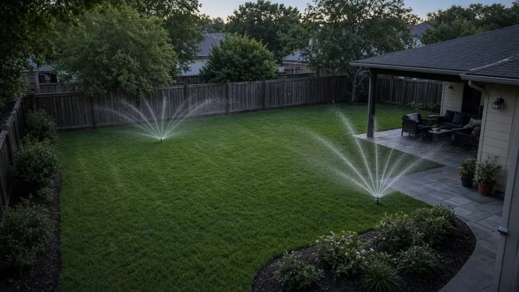 Two separate lawn zones spraying at the same time in a back yard, one near the fence and one near the patio