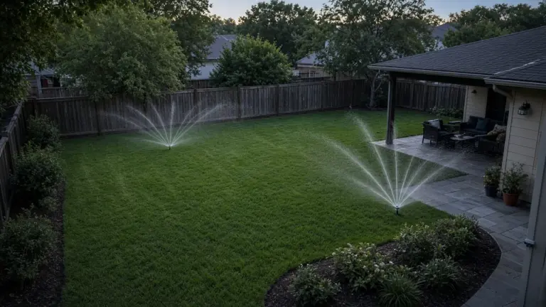 Two separate lawn zones spraying at the same time in a back yard, one near the fence and one near the patio