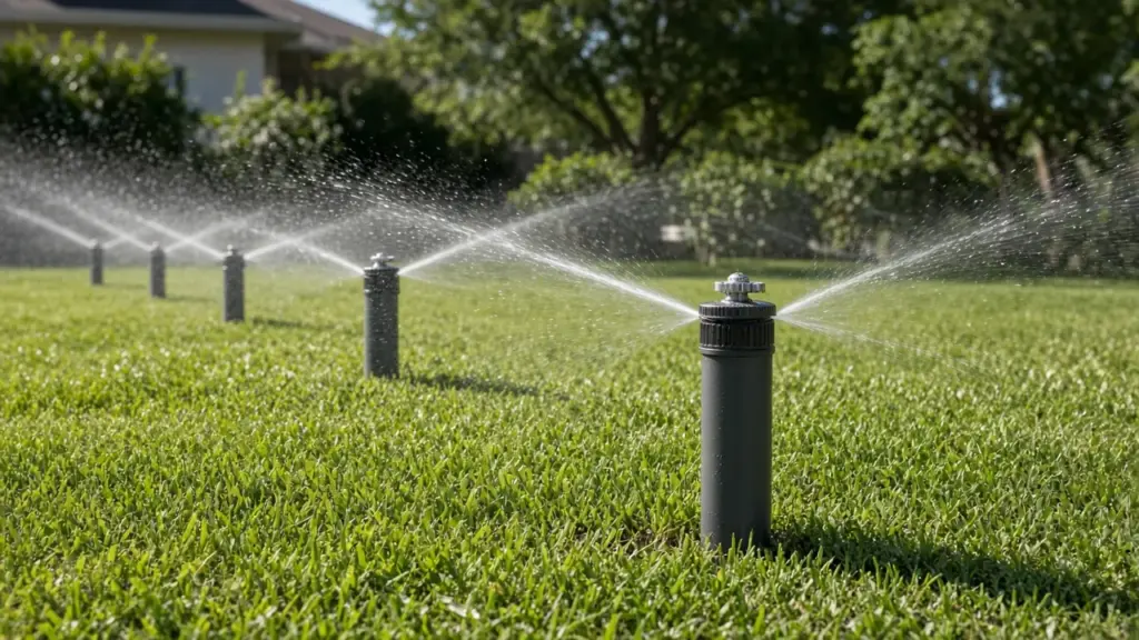 A row of modern rotary nozzles on pop-up spray bodies throwing thin rotating streams across a front lawn