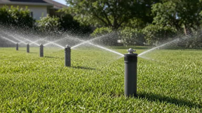 A row of modern rotary nozzles on pop-up spray bodies throwing thin rotating streams across a front lawn