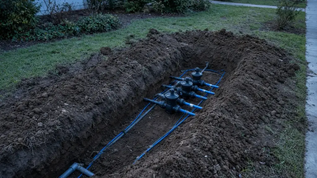 New direct-burial irrigation wire and valves being installed in an open manifold trench