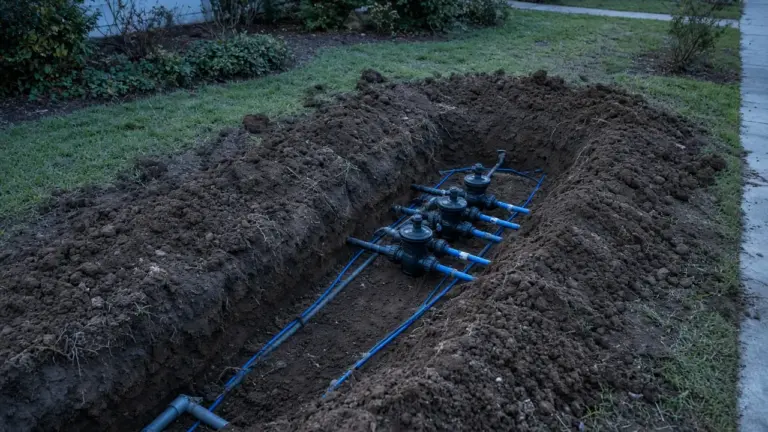New direct-burial irrigation wire and valves being installed in an open manifold trench