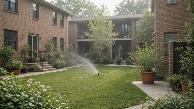 A small townhome courtyard with a compact lawn, potted plants, and a single spray head