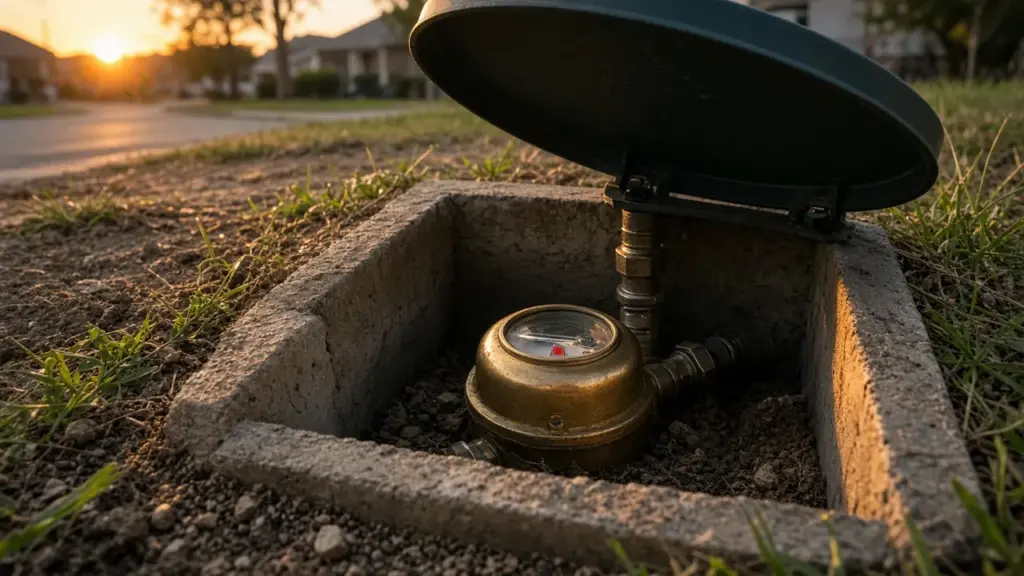 A residential water meter under an open meter box lid with the small leak indicator dial visible