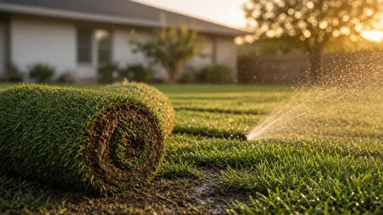 Freshly laid rolls of St. Augustine sod being watered by a sprinkler in a new lawn