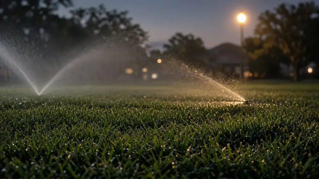 A St. Augustine lawn at dusk with sprinklers running and dew forming under street lamps