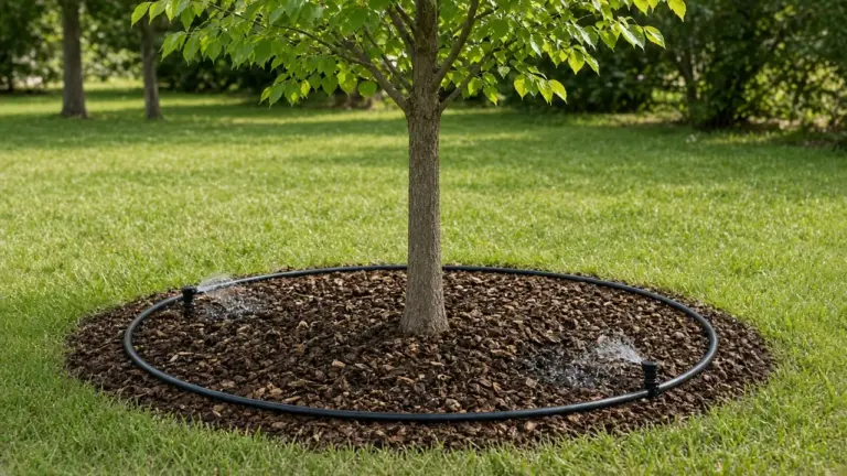 Drip ring irrigation around a young tree in a mulched circle