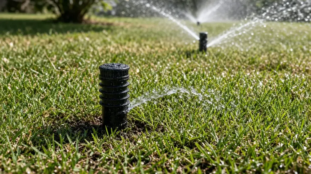 A rotor sprinkler barely throwing a weak short stream across a lawn while nearby heads spray fully