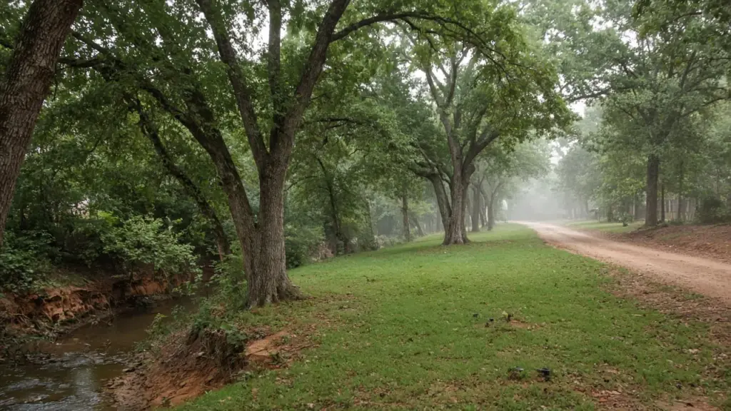 A lawn near a creek-side trail with clay soil and spray heads under large trees