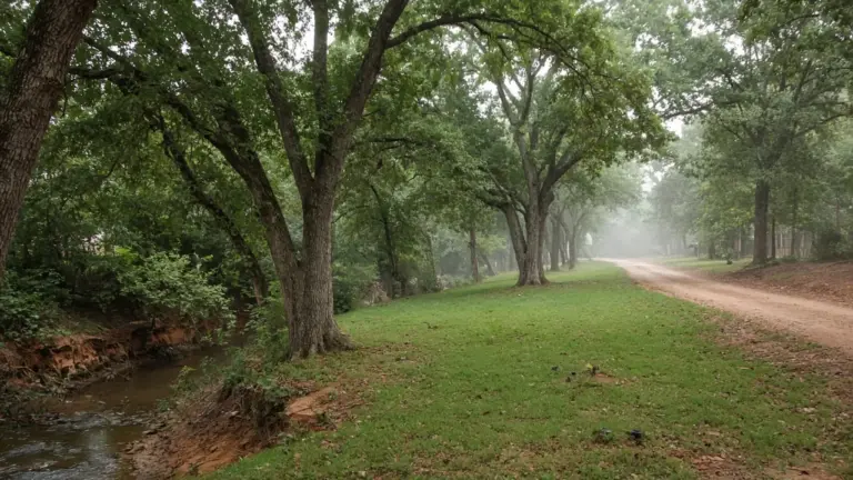 A lawn near a creek-side trail with clay soil and spray heads under large trees