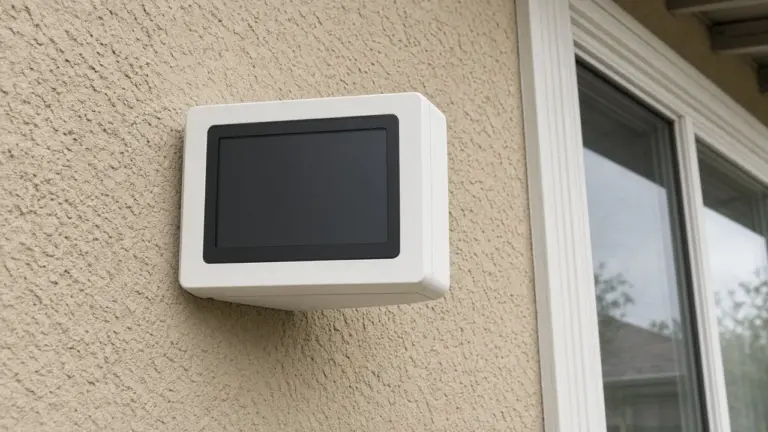 A smart sprinkler controller on an exterior wall with a Wi-Fi router visible through a nearby window
