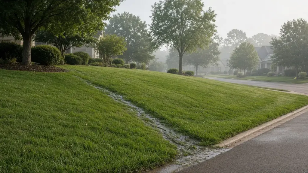 A sloped lawn with water running off toward the street after a sprinkler cycle