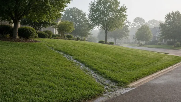 A sloped lawn with water running off toward the street after a sprinkler cycle
