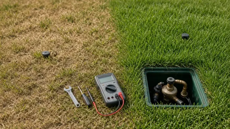 Open valve box with a multimeter and tools on a lawn with a dry, dead zone