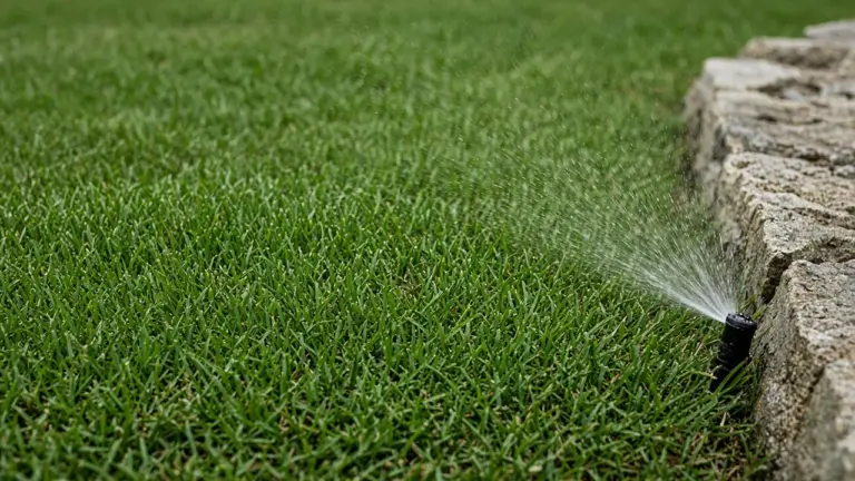 Spray head watering a dense zoysia lawn beside a stone border